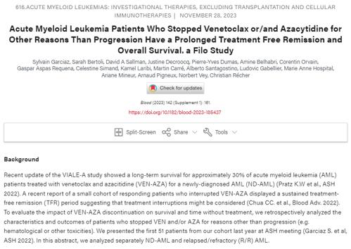STOP-VEN: Discontinuation of Venetoclax + Azacitidine for patients with AML in remission at time of treatment interruption