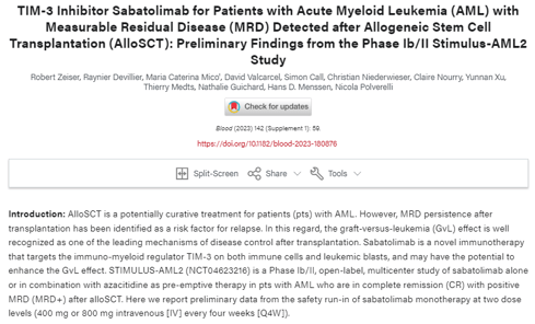 TIM-3 Inhibitor Sabatolimab for Patients with Acute Myeloid Leukemia (AML) with Measurable Residual Disease (MRD) Detected after Allogeneic Stem Cell Transplantation (AlloSCT): Preliminary Findings from the Phase Ib/II Stimulus-AML2 Study